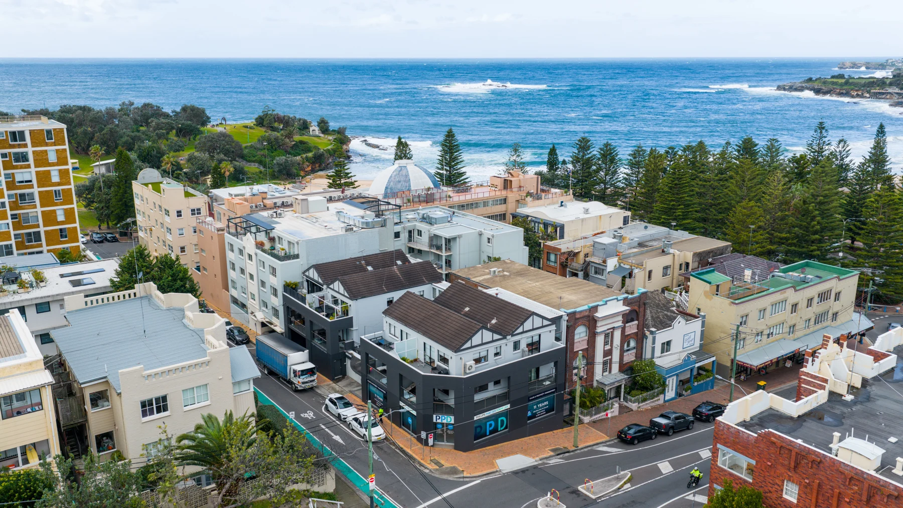 Aerial view of buildings and the coastline at Bondi, Sydney